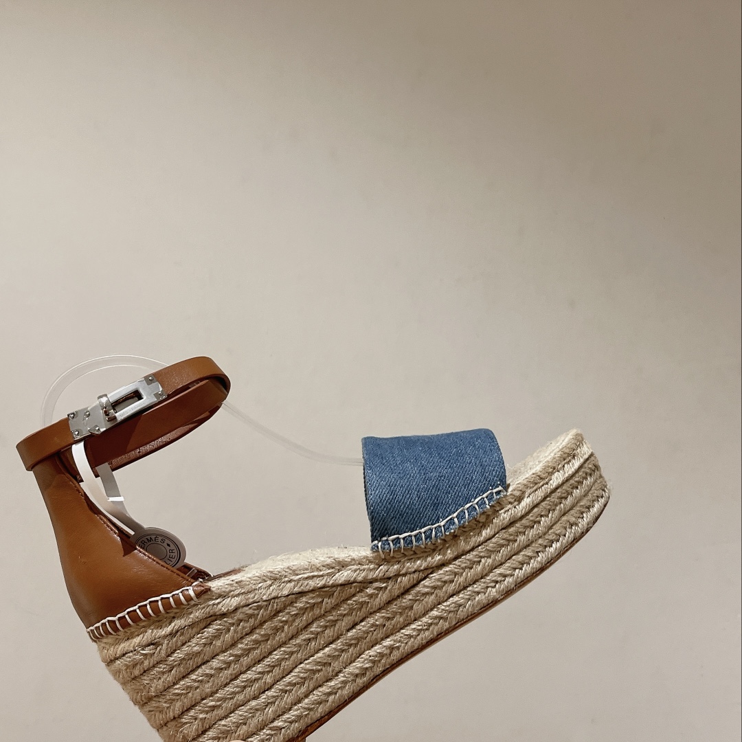 TOP HERMES straw plaited article Sandals - Blue