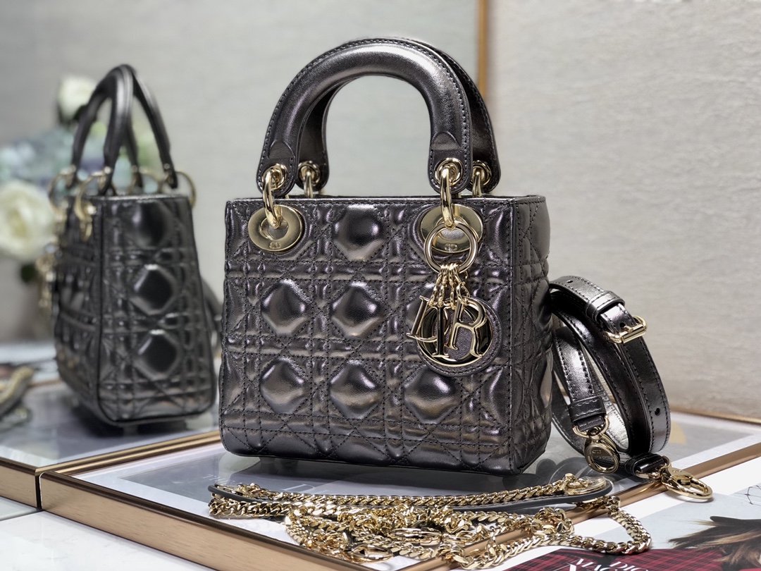TOP Christian Dior Lady Christian Dior Bag Mini 17cm - Antique Silver&GHW