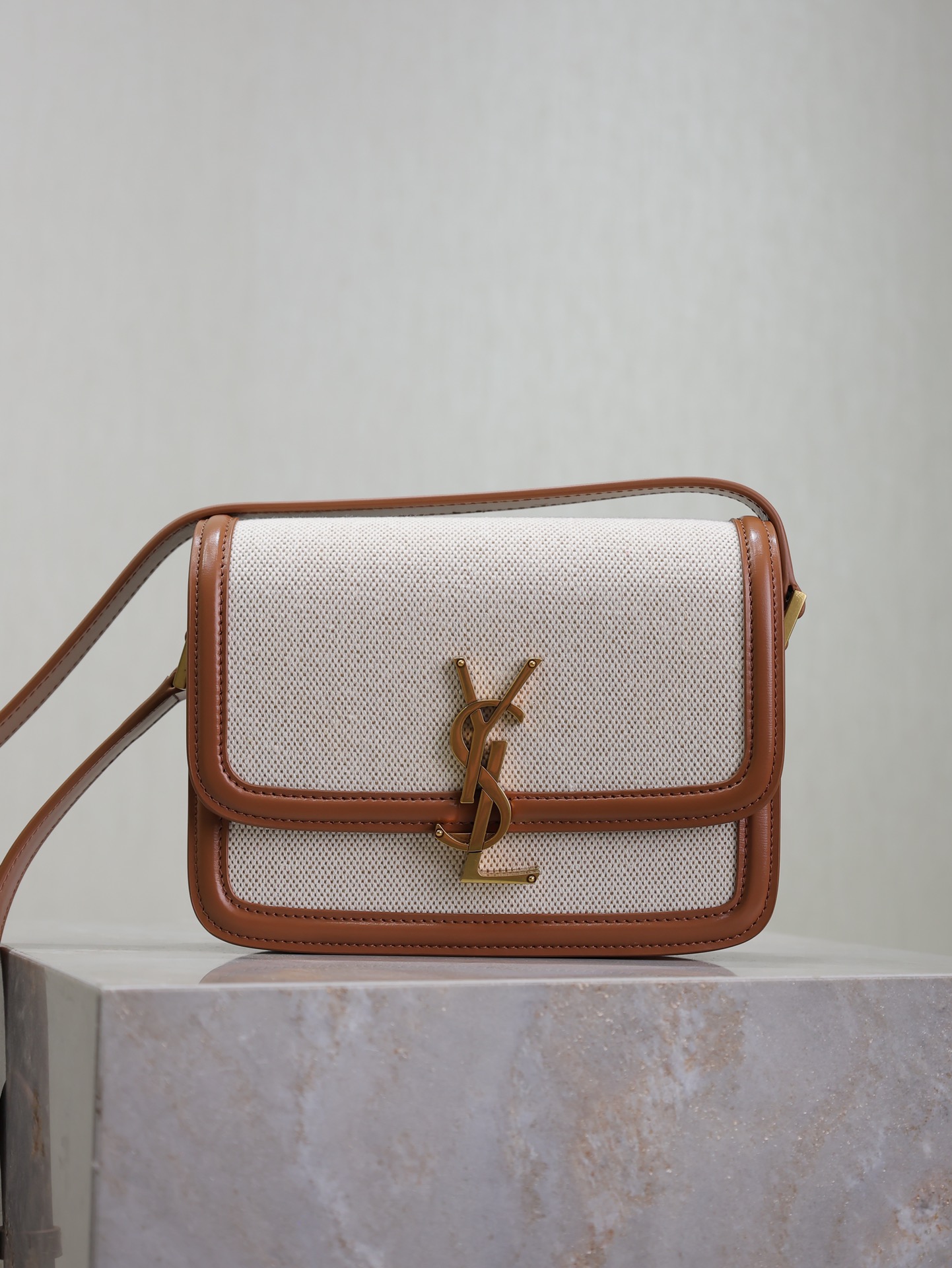 TOP Yves Saint Laurent YSL Solferino Bags Cowhide with Cotton and Linen 19/23cm - Brown/White&GHW