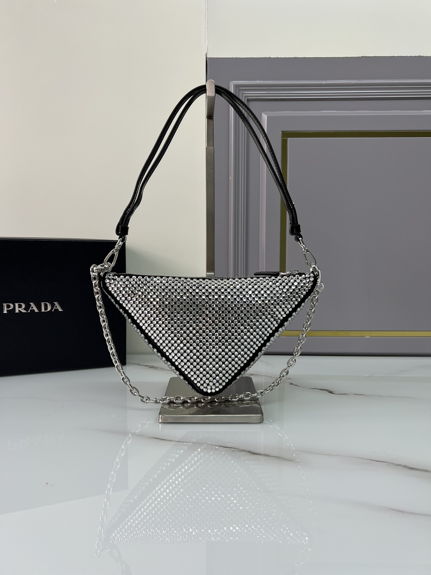 TOP PRADA Triangle Bag with Crystal Decoration Mini 26x15x6cm -Silver