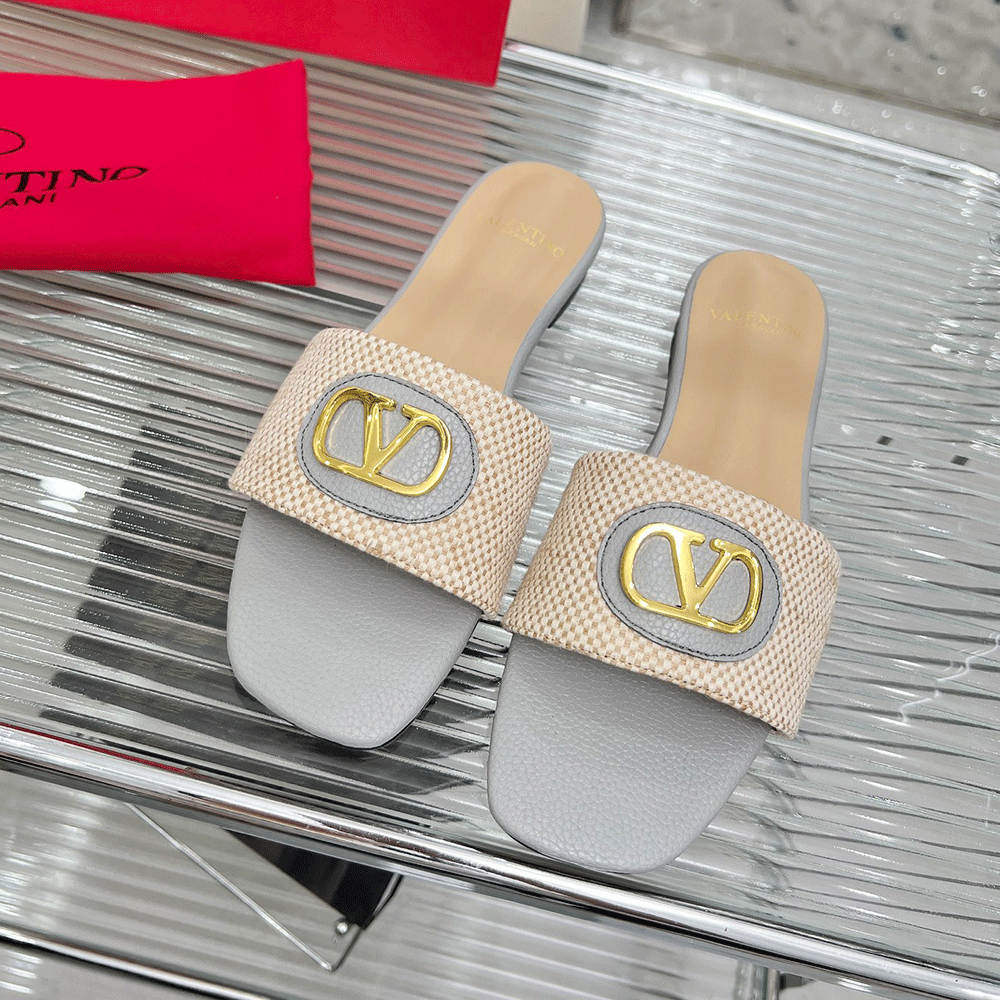Valentino embellished textured-leather and canvas slides （Replica）
