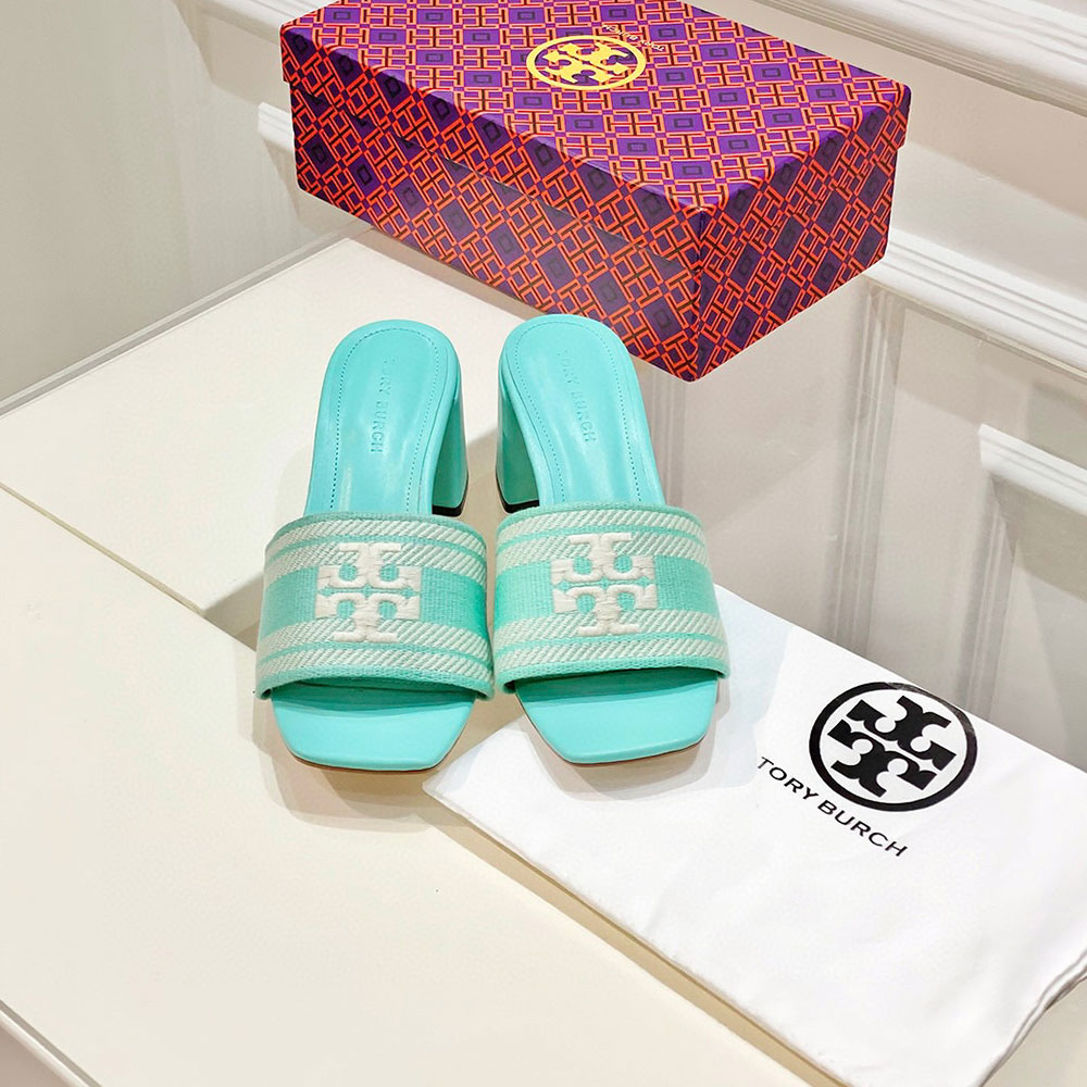 Tory Burch Fabric Flip-flops With Chunky Heels Sandals Slide (Replica)