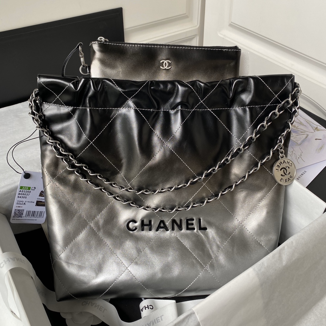 TOP CHANEL Gradient Shiny 22 Bags 35x37x7cm/39×42×8cm - Black Paired With Silver&SHW