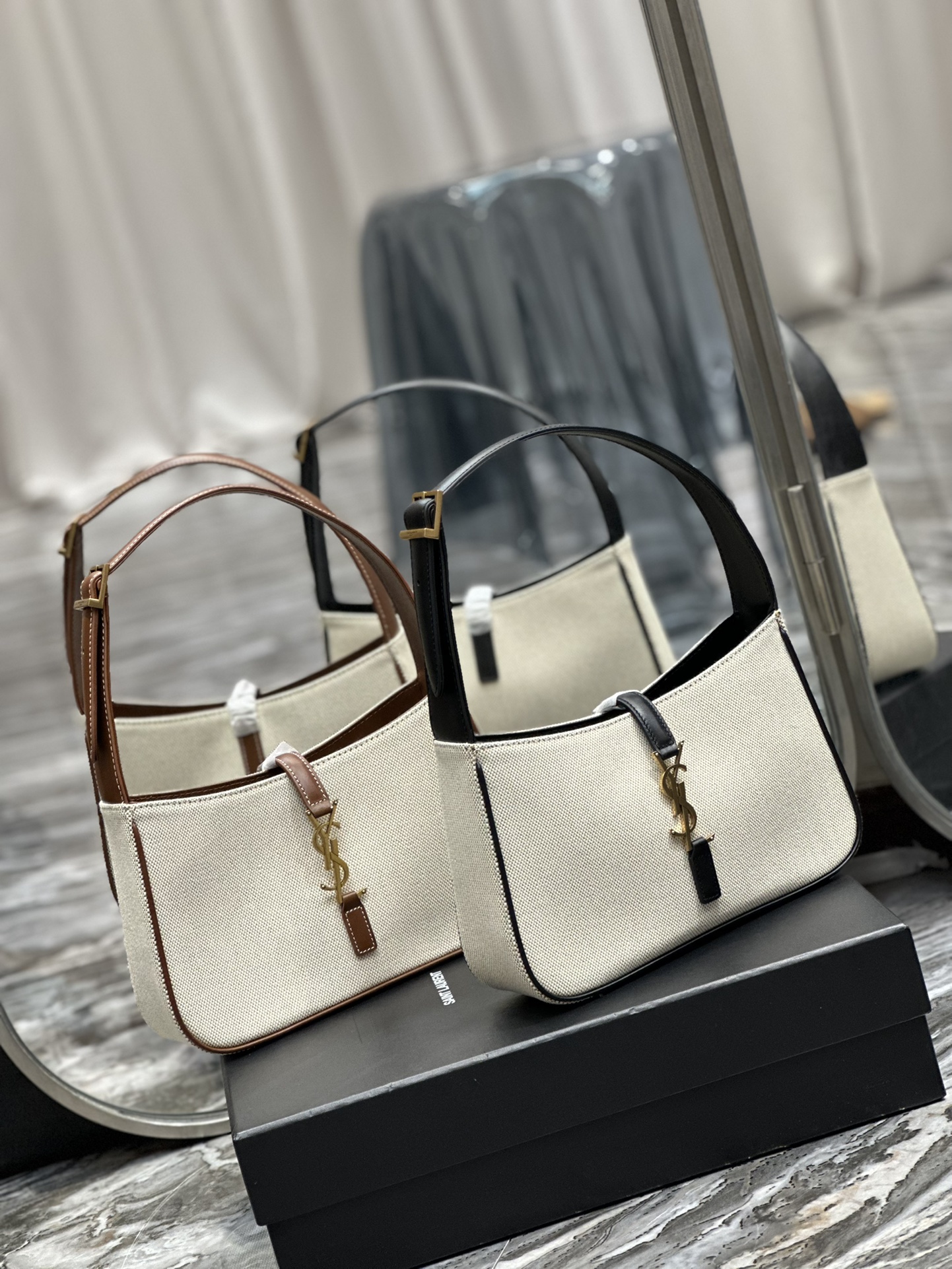 TOP Yves Saint Laurent YSL Le 5A7 Cotton And Hemp Bags 25X14X6cm - Brown/Black - GHW