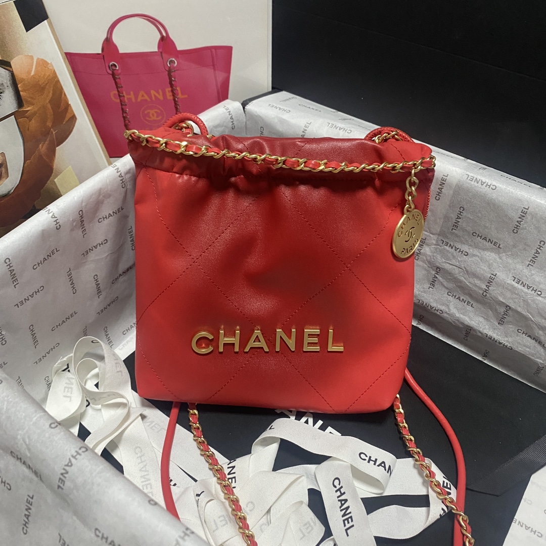 TOP CHANEL Chain Tote 22 Bags 19x20x6cm/35x37x7cm - Red&GHW