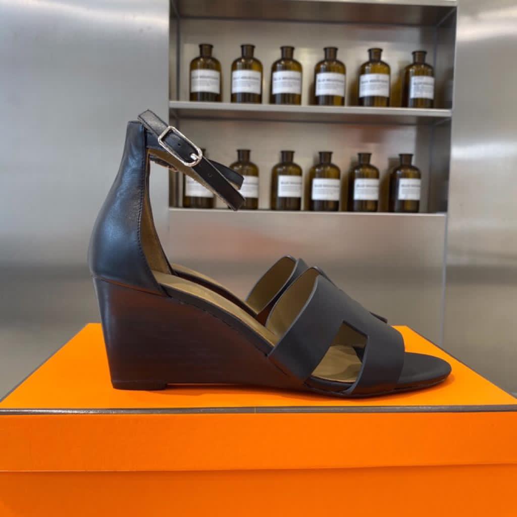 TOP HERMES Wedges Sandals Smooth Leather - Black