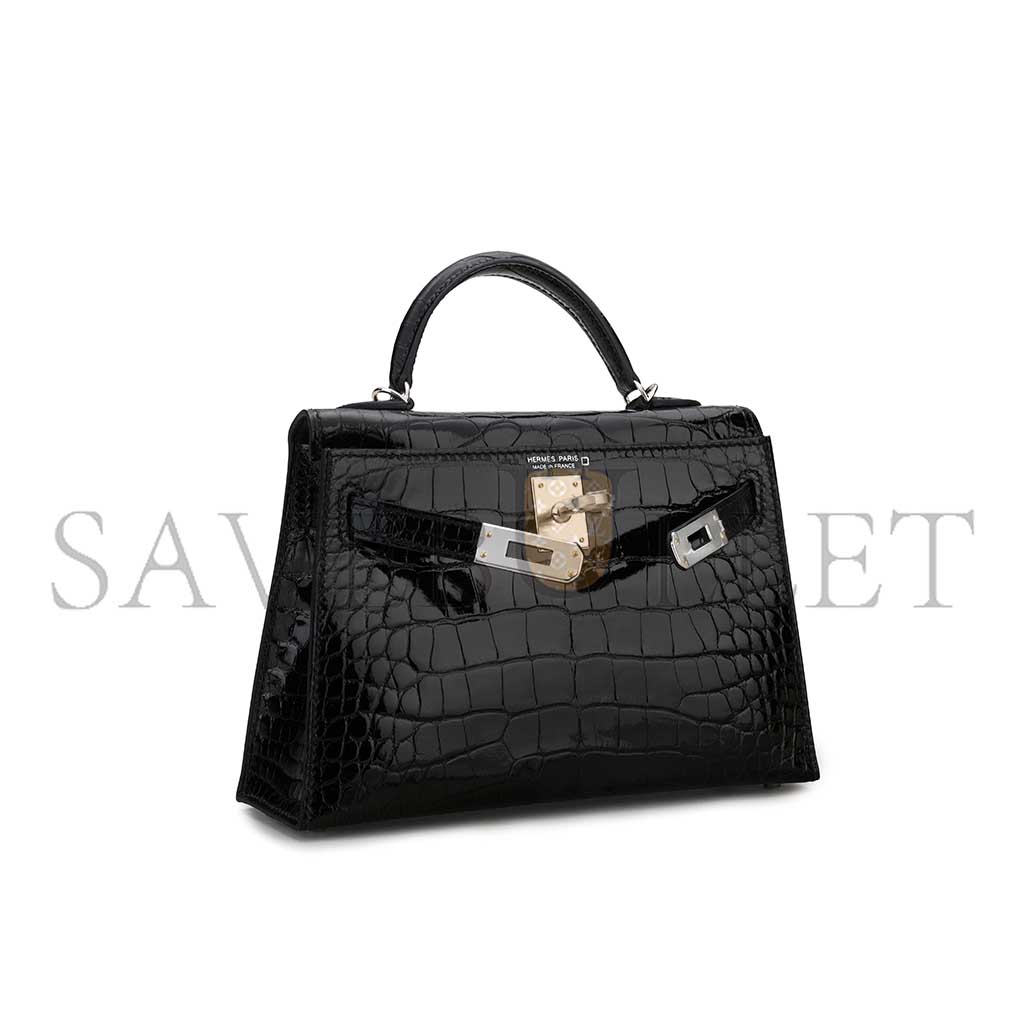 HERMÈS A SHINY BLACK ALLIGATOR  MINI KELLY II WITH PALLADIUM HARDWARE (19*12*5.5cm)