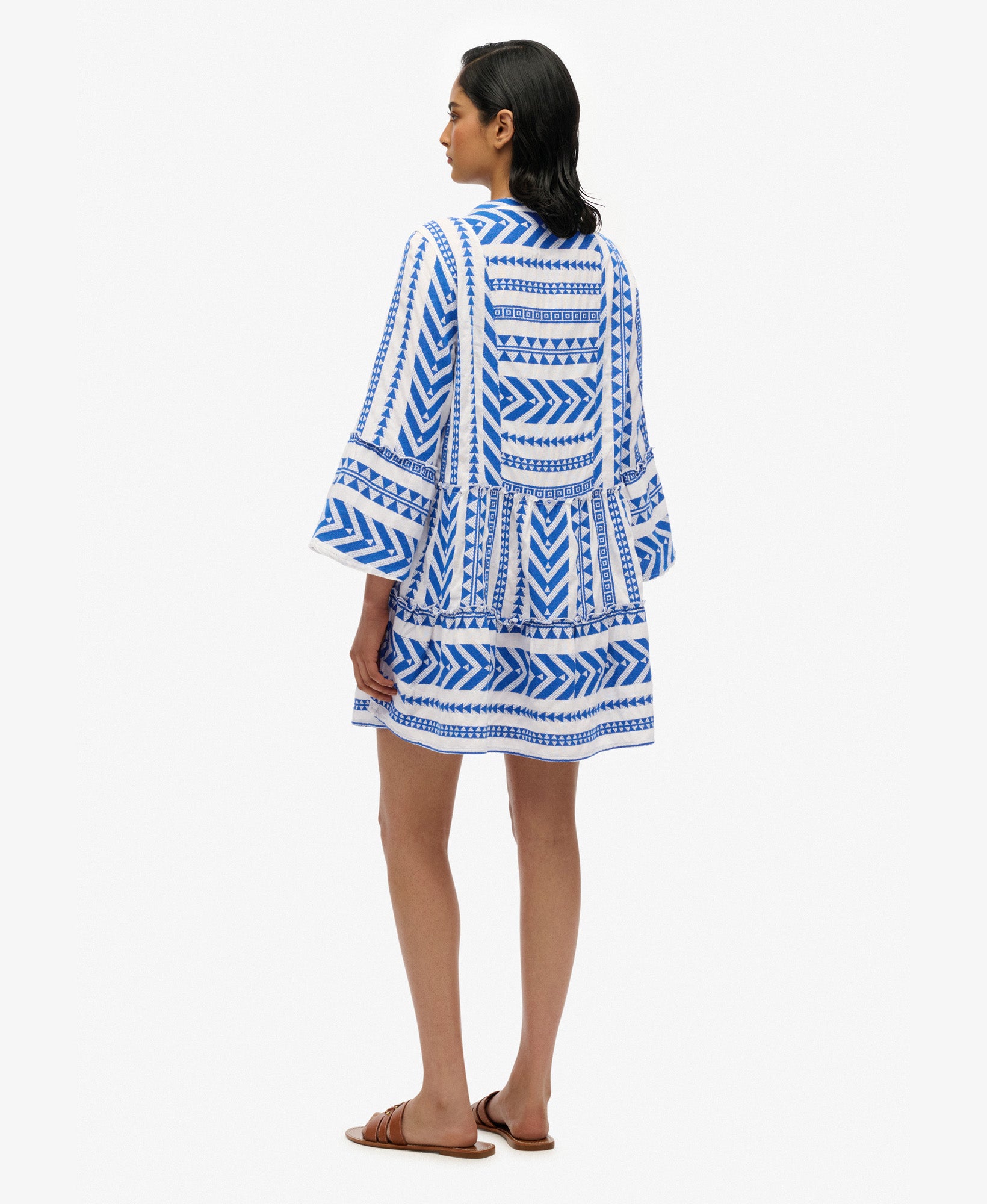 Ibiza Long Sleeve Tiered Mini Dress | Ecru Blue Emb