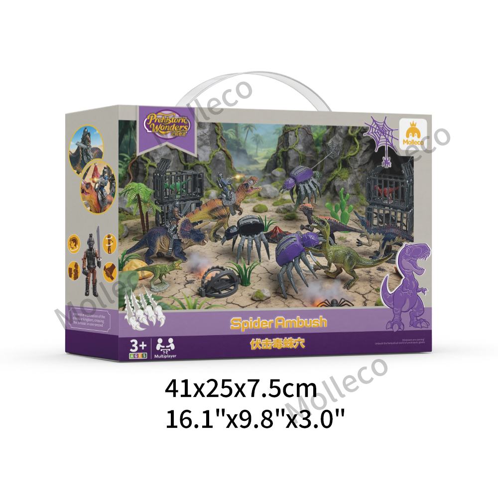 Molleco Dinosaur Figure Toys Set for Kids and Childre ST015 11 Dinosaurs + 2 Spider Traps + 2 Dragon Knights + 4 Cages + Props
