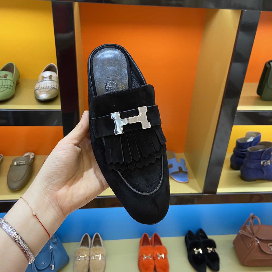 TOP HERMES Rivoli Mules - Black & SHW/GHW