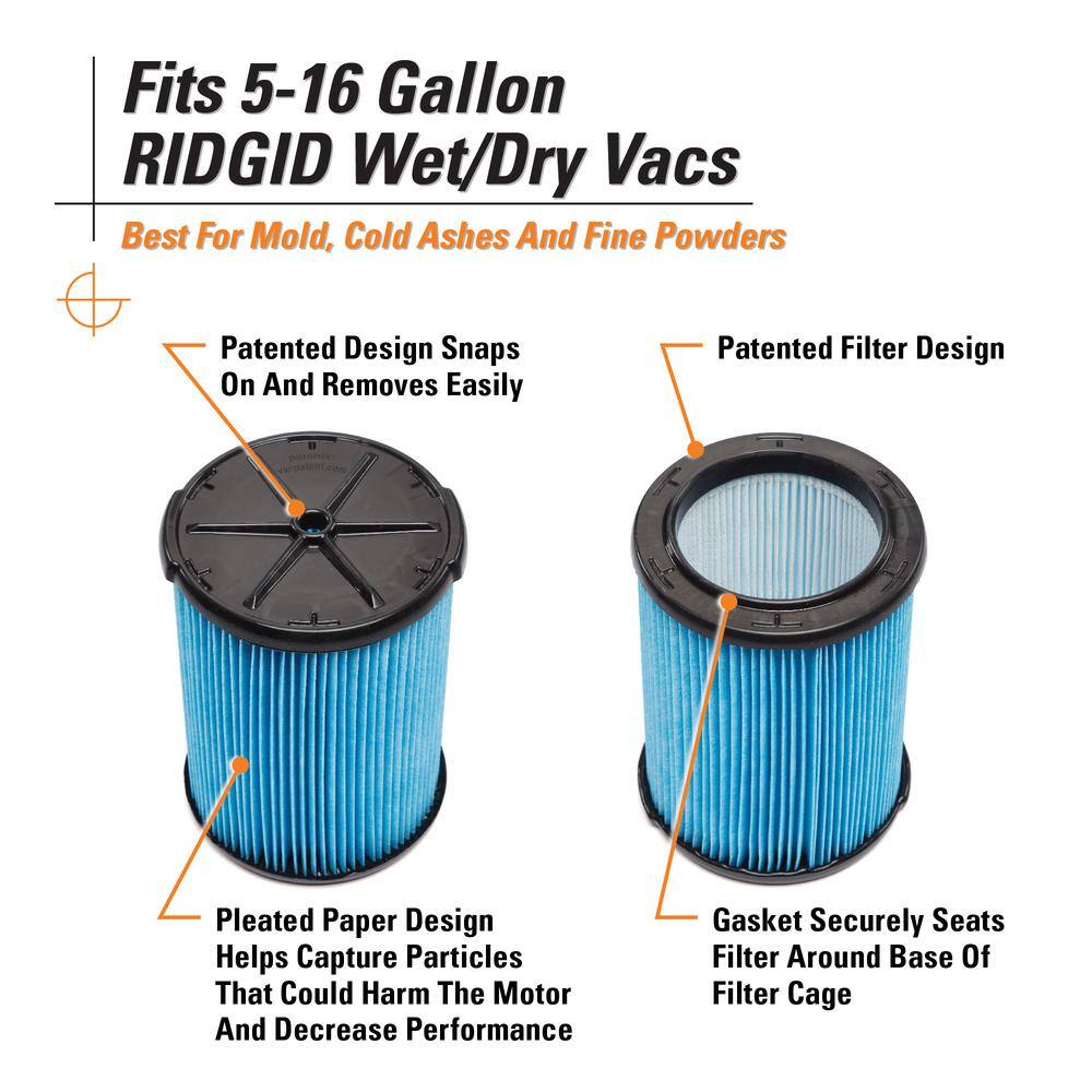 Fine Dust Pleated Paper Wet Dry Vacuum Shop Vac Filter Replacement for Most 5-16 Gallon RIDGID Shop Vacs (16-Pack)