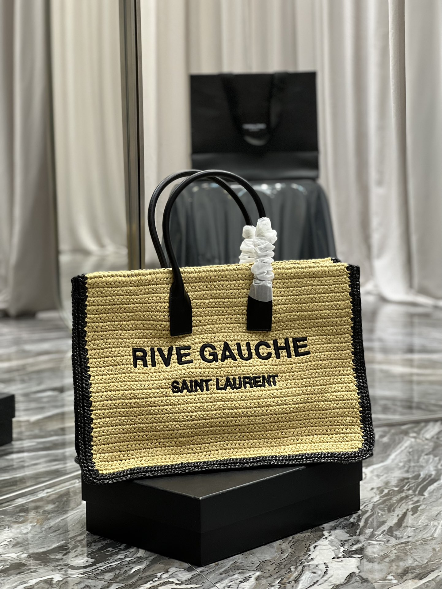 TOP Yves Saint Laurent YSL Rive Gauche Straw Tote Bag