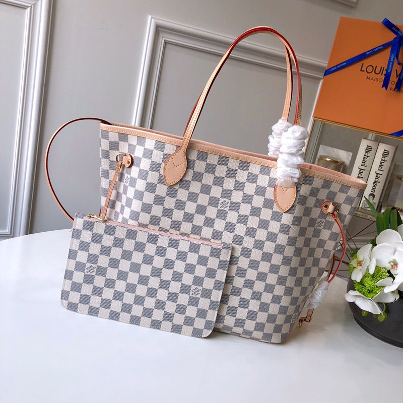 TOP Louis Vuitton LV  Damier Azur Canvas Neverfull MM 32x17x28cm - ROSE BALLERINA