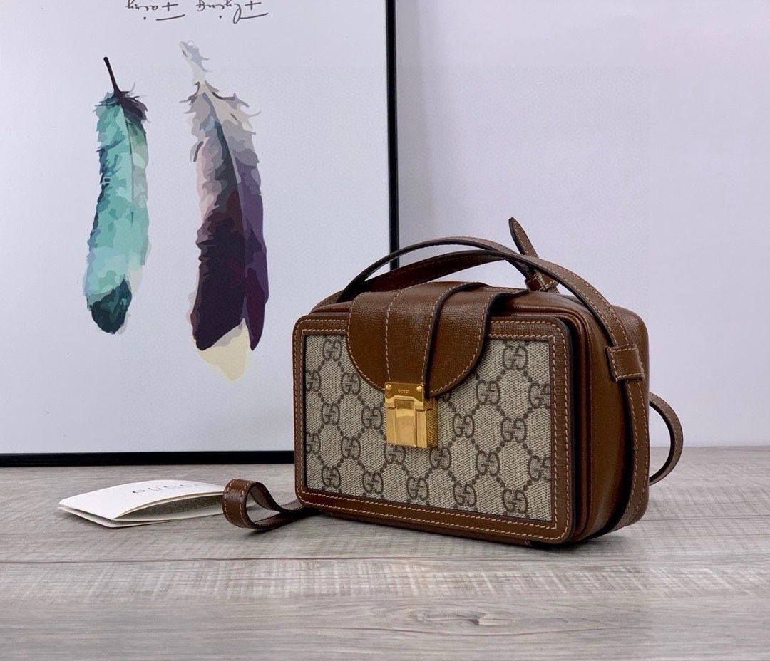 TOP GUCCI Brown Leather Handbag 18x10.5x6.5CM - GHW