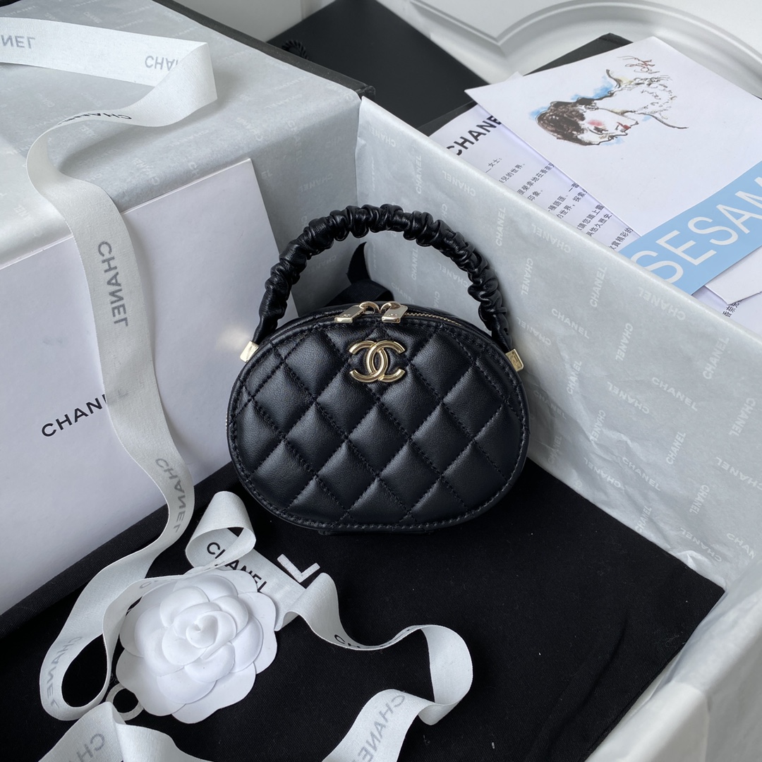 TOP CHANEL Folded Handle Retro Small Round Bag 9.5*13x5.5cm - Black