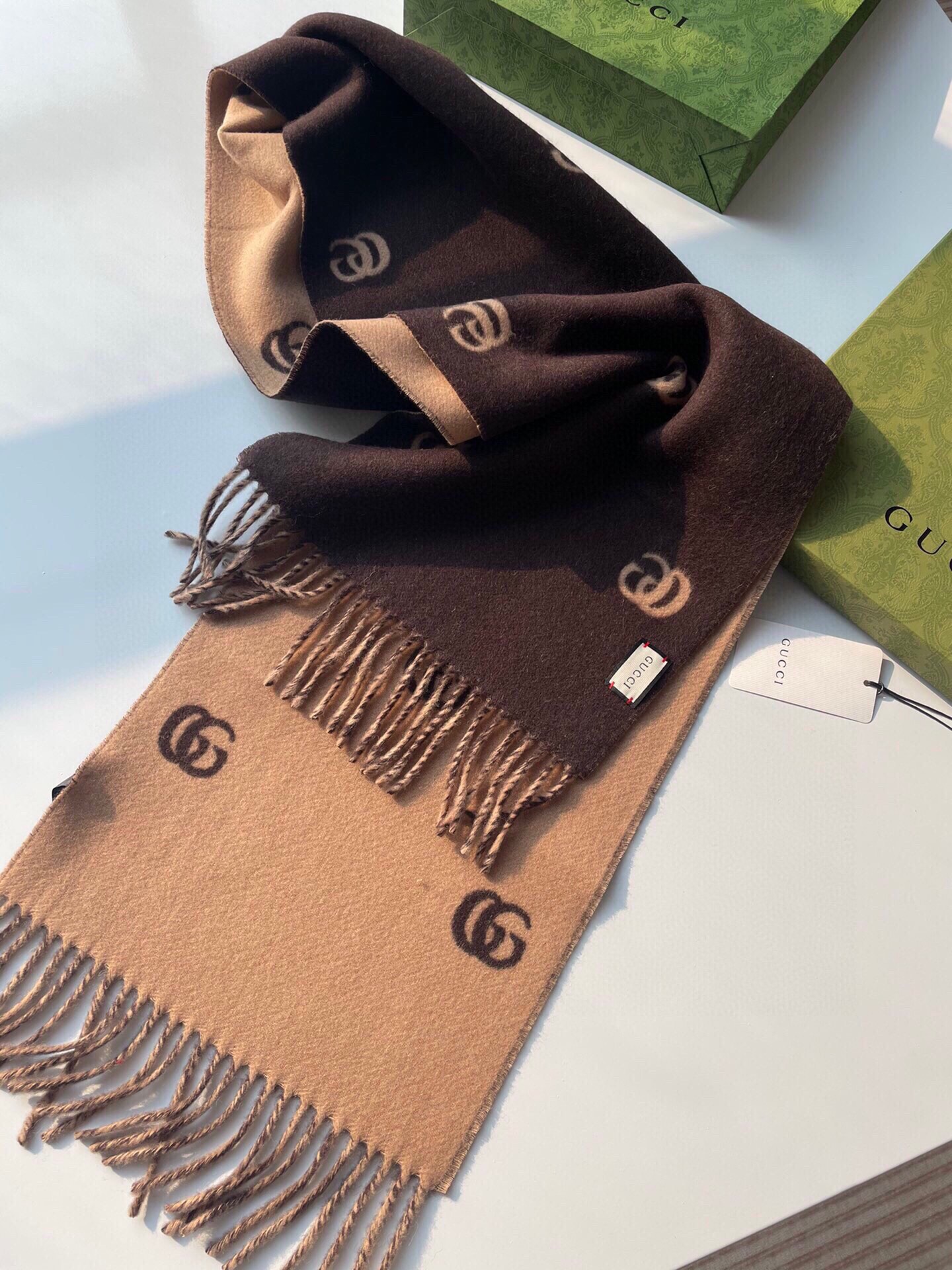 TOP GUCCI GG Cashmere Scarf 35 x 180 cm - Brown and Beige