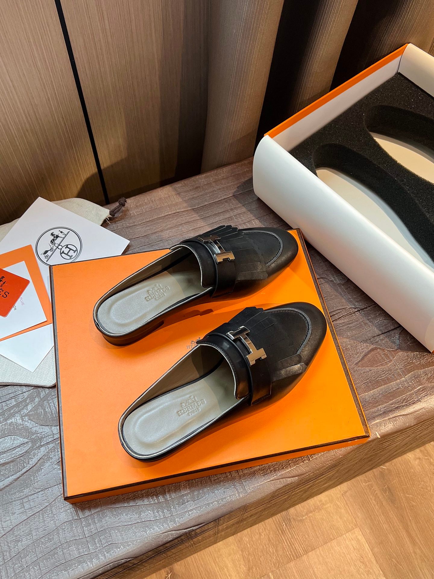 TOP HERMES Rivoli Mules - Black & SHW