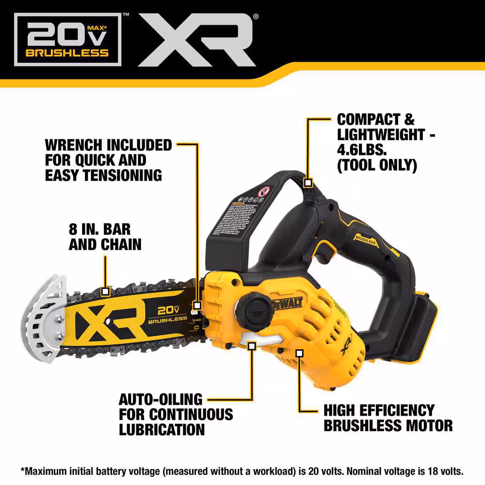 20V MAX 8 in. Brushless Cordless Battery Powered Pruning Chainsaw (Tool Only)