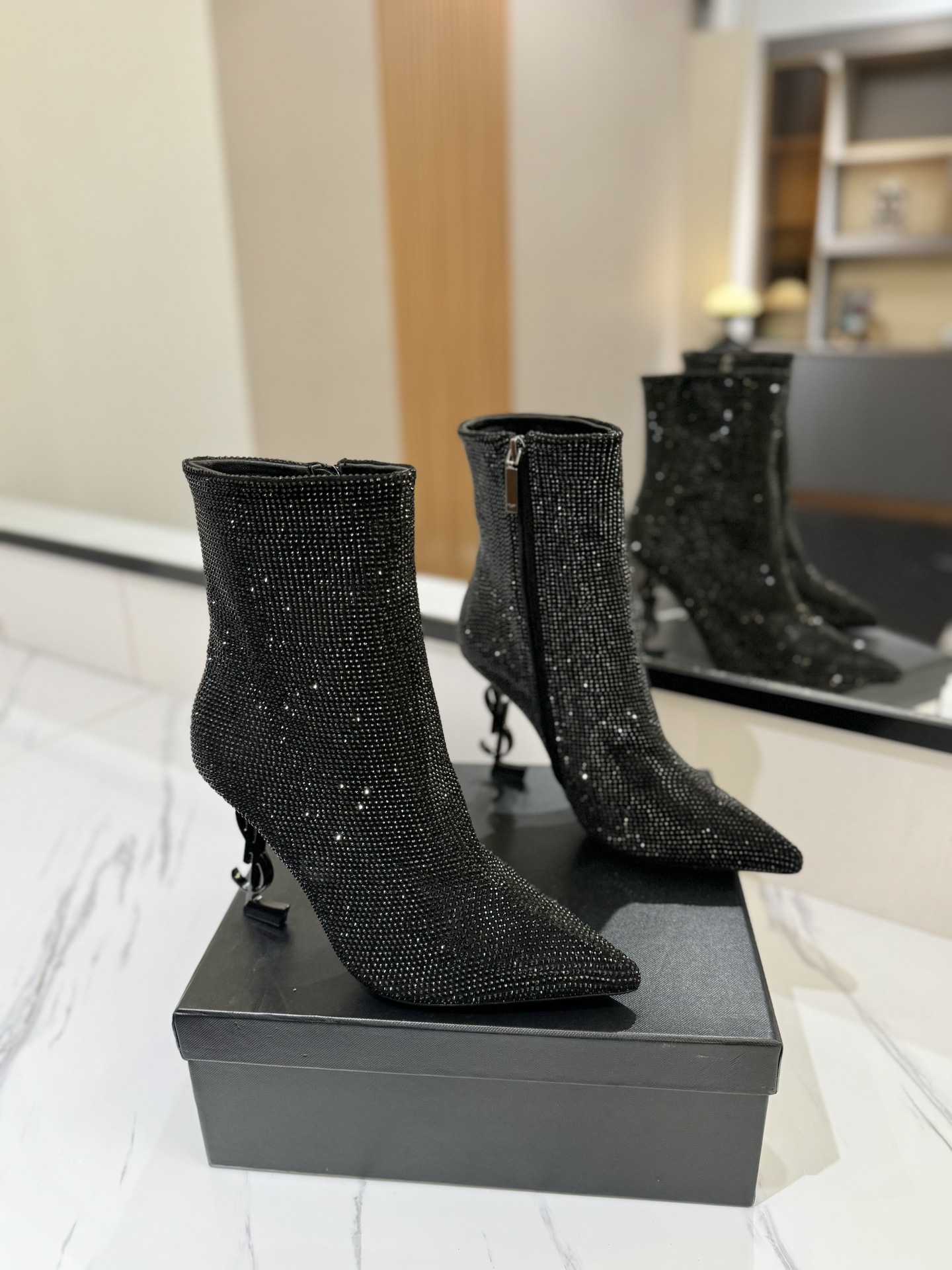 TOP Yves Saint Laurent YSL Letter Heel Short Boots with Diamonds - 2 Colors