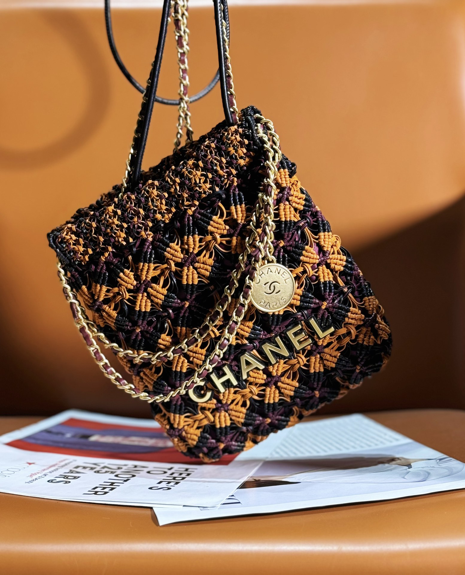 TOP CHANEL Mini 22 Bag Colorful Woven Cowhide 23x18.5x6cm - GHW