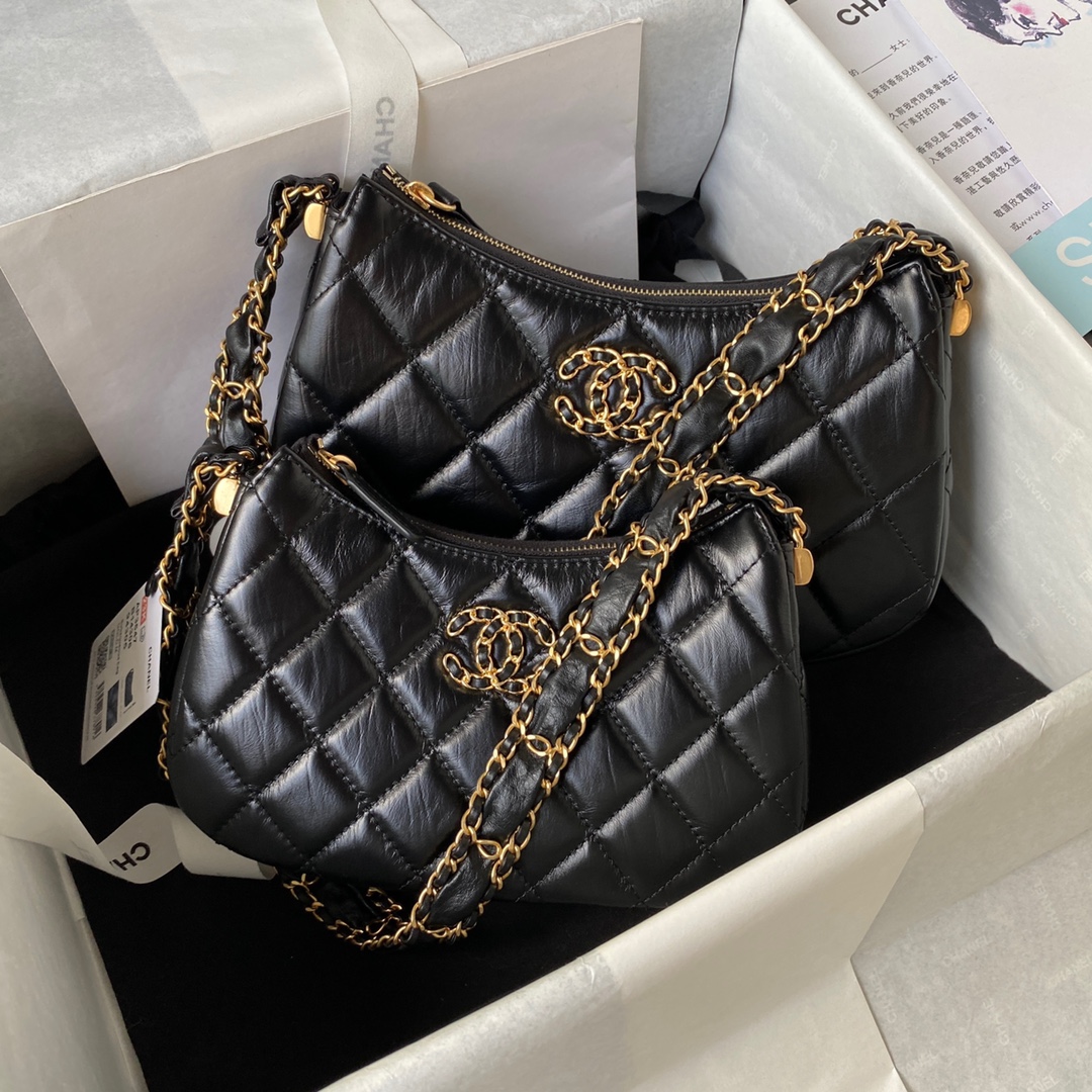 TOP CHANEL Hobo 23khobo Wrinkled Cowhide Bag - GHW&Black - 13.5×23.5×5.3cm/12×20.5×4.5cm