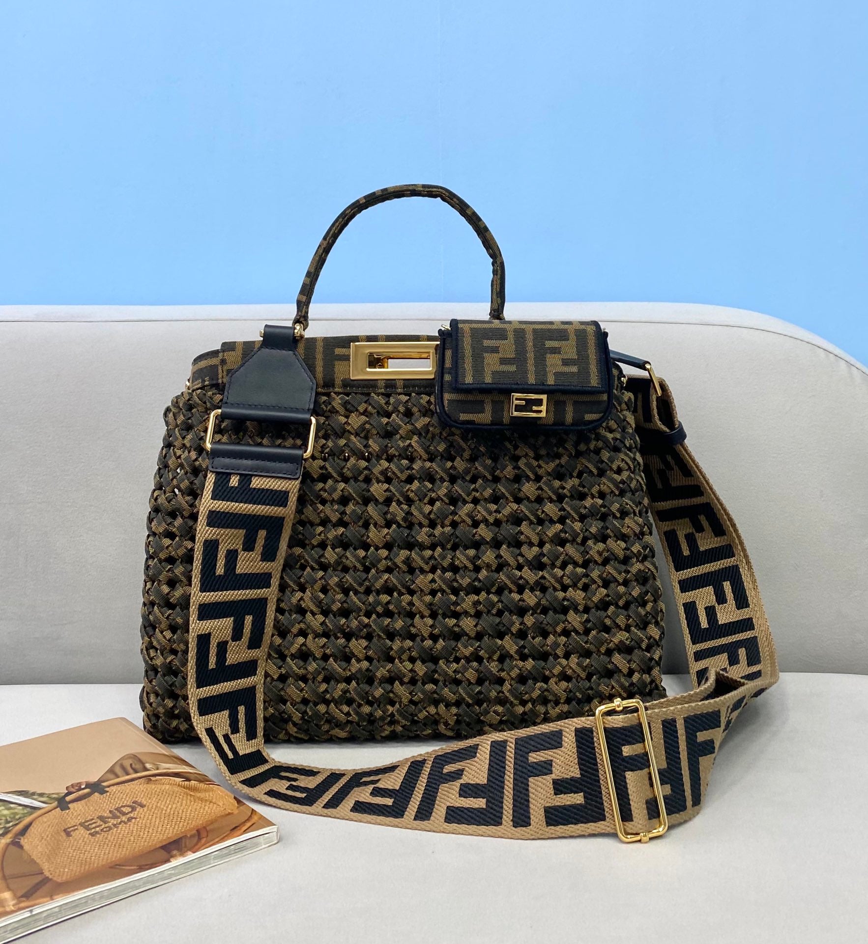 TOP FENDI FENDI Jacquard Interlace Peekaboo Mini Bag - Brown
