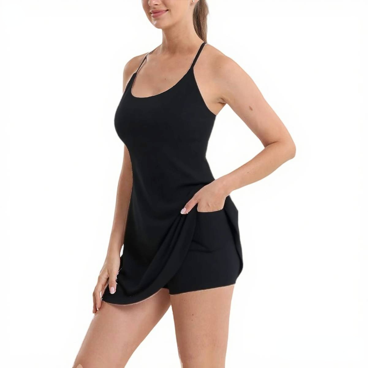 &2025 popular anti-exposure sports dress with built-in shorts, removable chest pads, and pockets levelkeen