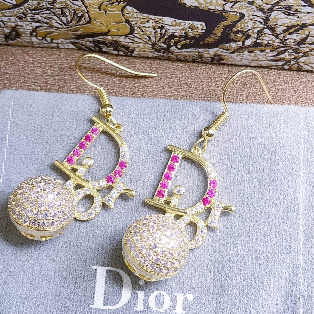 TOP Christian Dior color diamond tassel full diamond logo letter earrings
