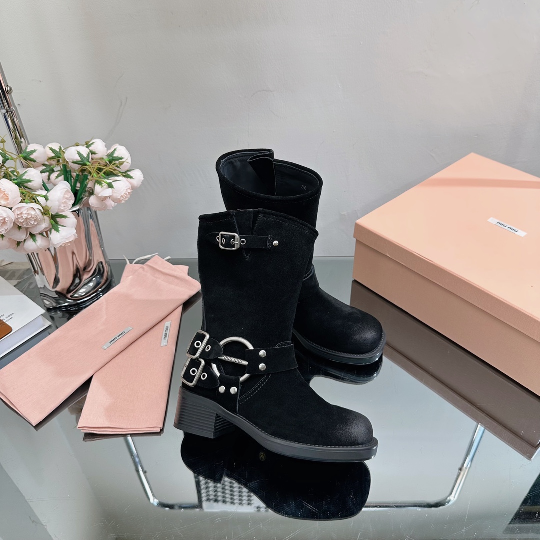 TOP Miu Miu Retro Western Catwalk Motorcycle Middle Boots - 3 Colors - Suede with 1 Buckle