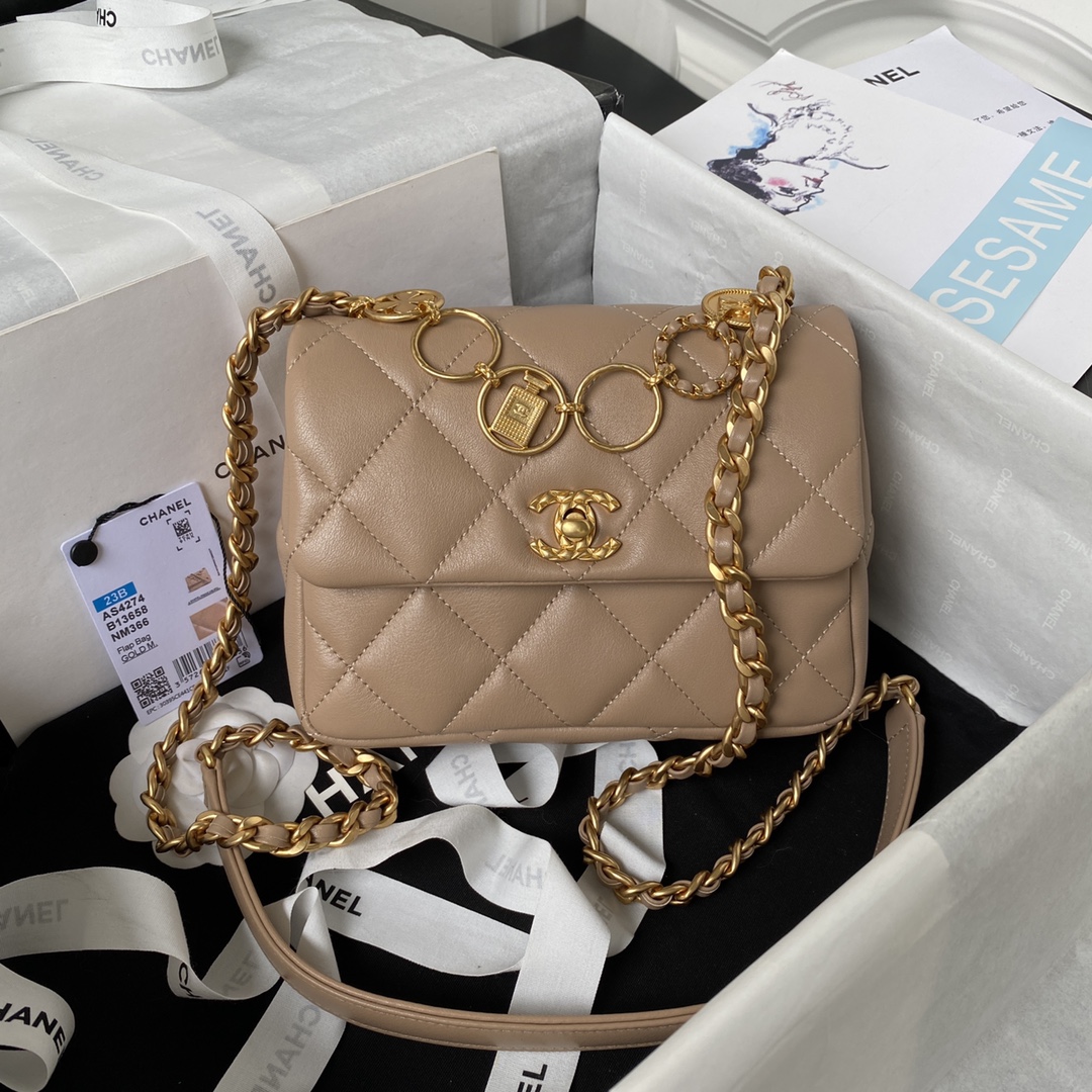 TOP CHANEL Classic Gold Coin Flab Bag Lambskin 13X17X6cm - Brown & GHW
