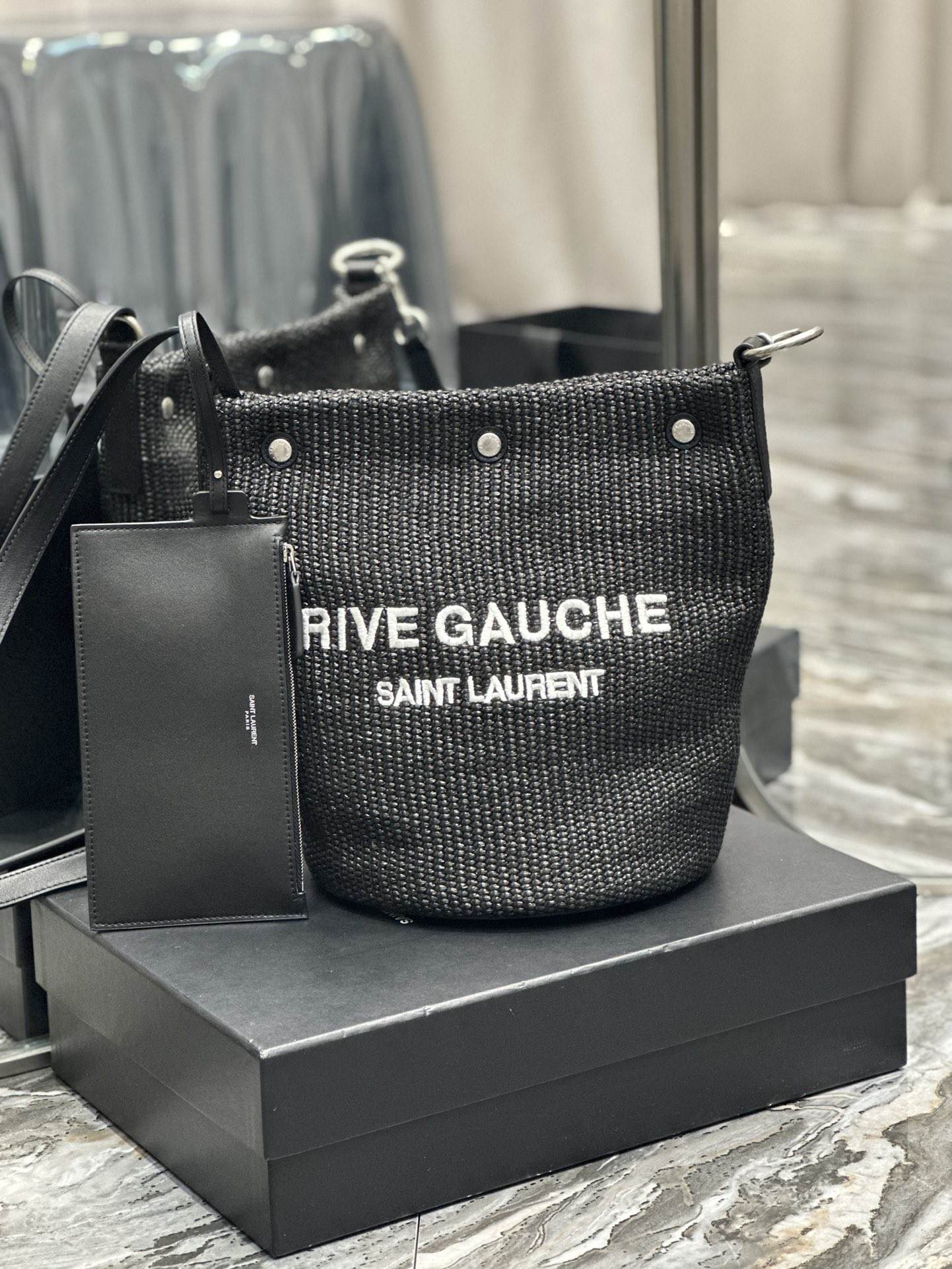 TOP Yves Saint Laurent YSL French Woven Bucket Bag - Black