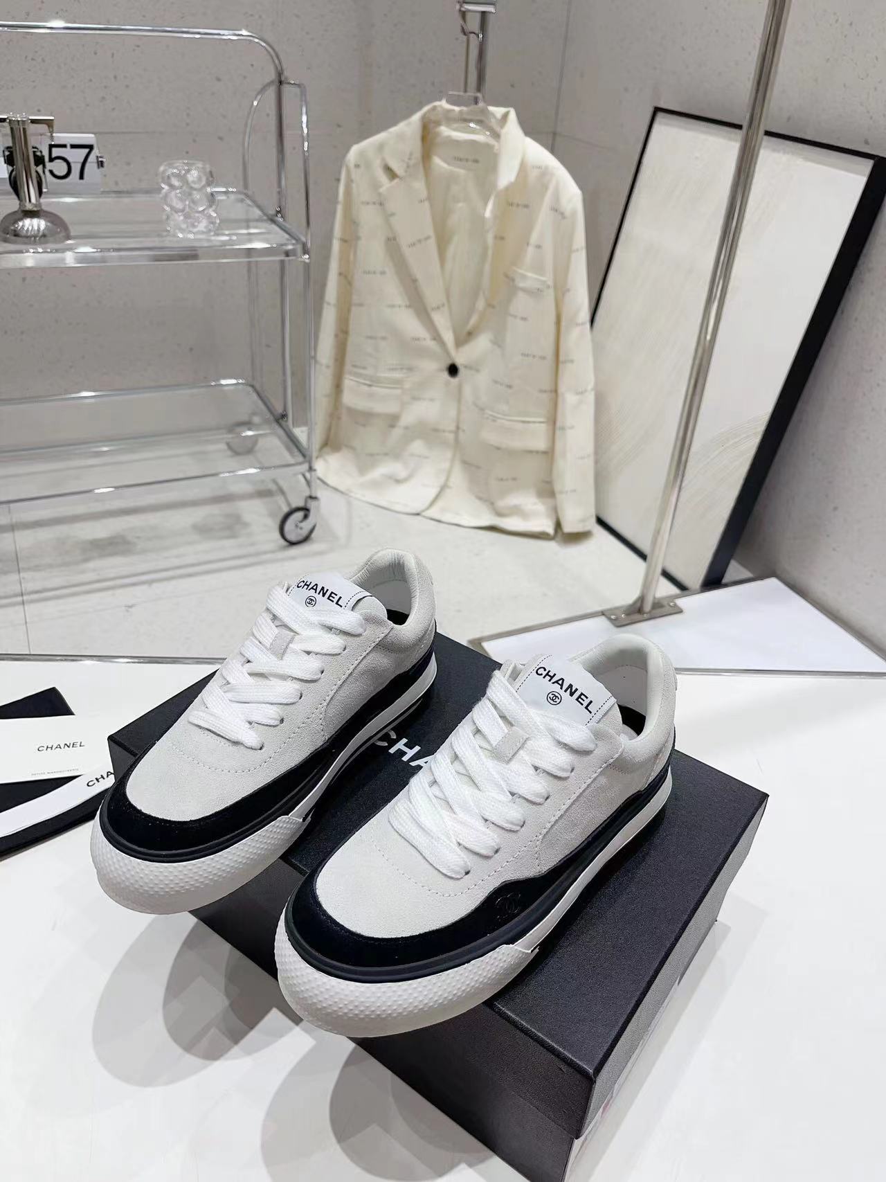 Chanel Women Platform Sneakers White Suede Black Trim Chunky Sole Lace‑Up Casual Shoes
