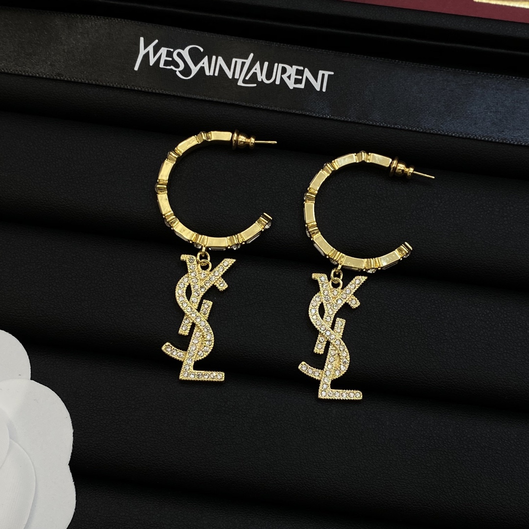 TOP Yves Saint Laurent YSL Earrings with Diamonds Logo - Gold