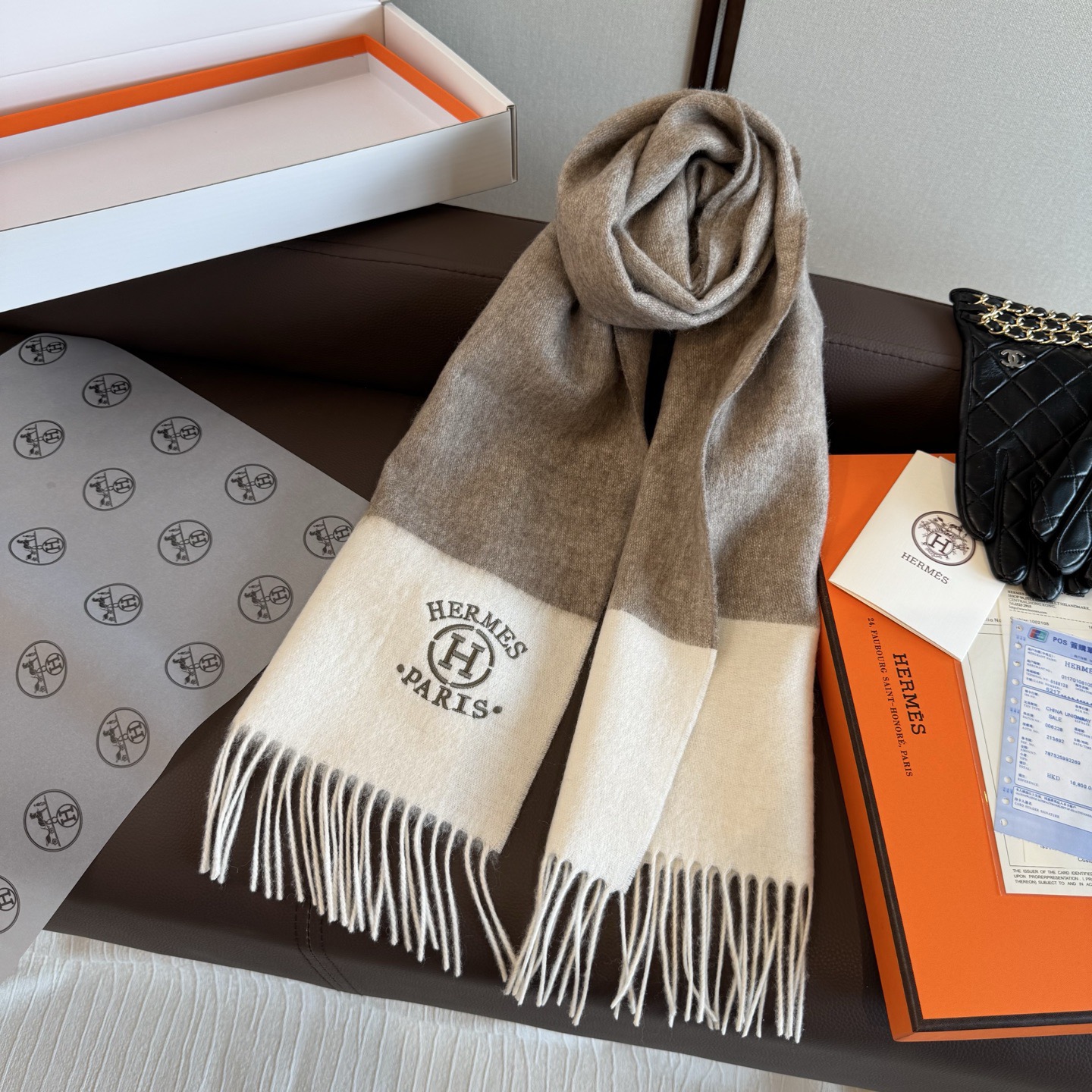 TOP HERMES Scarf with Embroidery Logo 35 x 190 cm - Gray and White