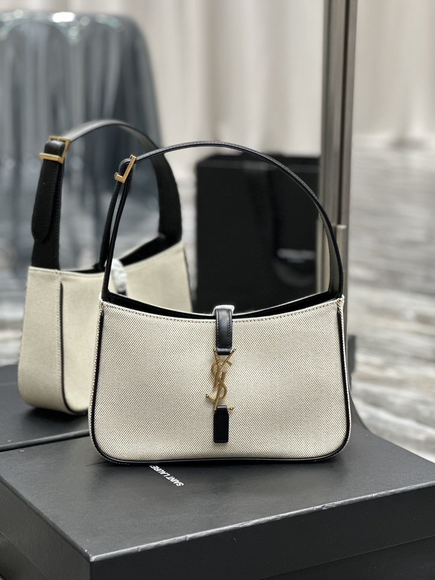 TOP Yves Saint Laurent YSL Le 5A7 Cotton And Hemp Bags 25X14X6cm - Brown/Black - GHW