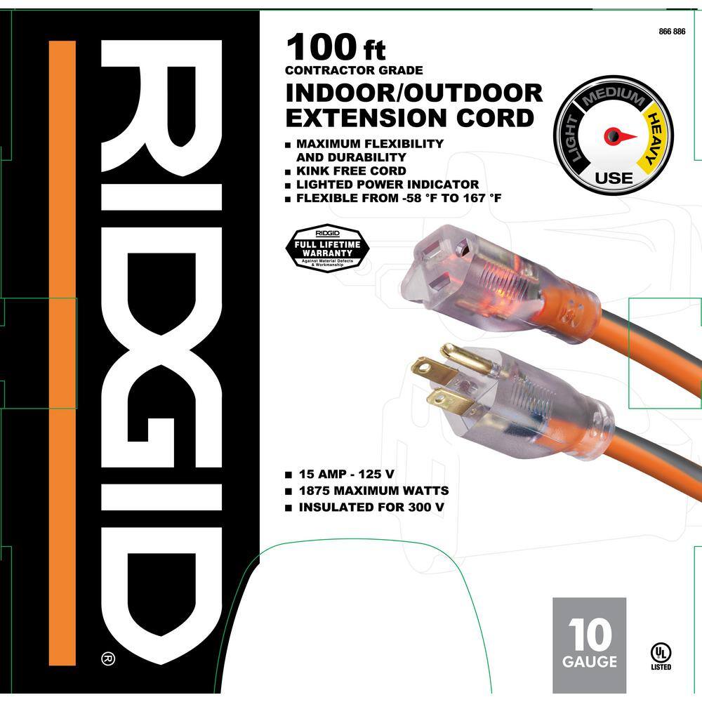 100 ft. 10/3 Heavy Duty Indoor/Outdoor SJTW Extension Cord with Lighted End, Orange/Grey