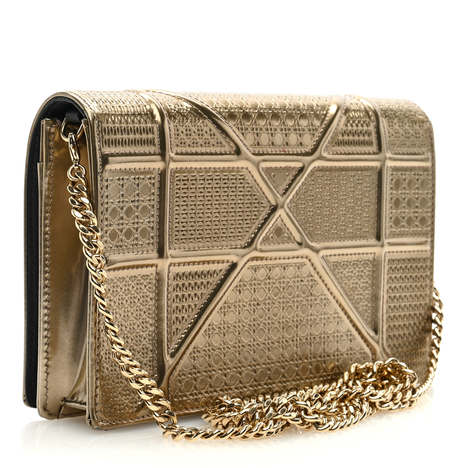 TOP Christian Dior Metallic Patent Micro-Cannage Diorama Wallet on Chain Bag 19cm - Gold