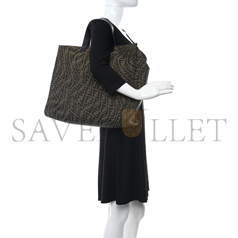 FENDI X SARAH COLEMAN FABRIC JACQUARD VITELLO KING FF VERTIGO SHOPPING TOTE BAG TOBACCO MORO BLACK (39*35*19cm)