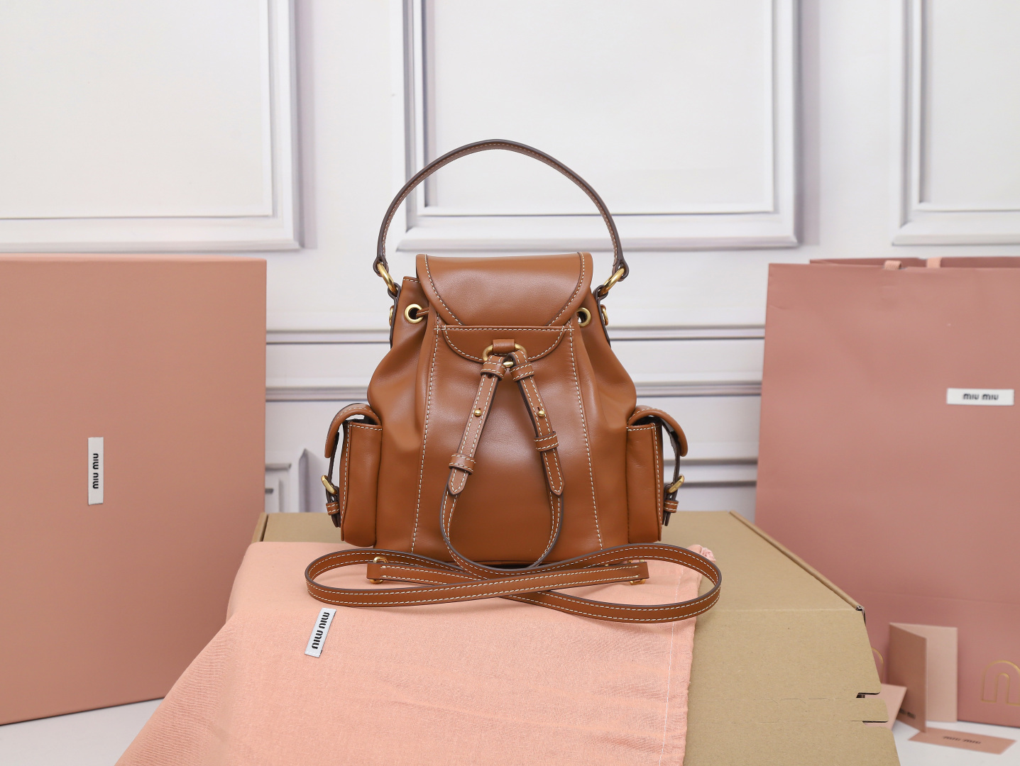 TOP Miu Miu Backpack Calfskin 22x18x11.5cm/29.5x25x12.5cm - Brown