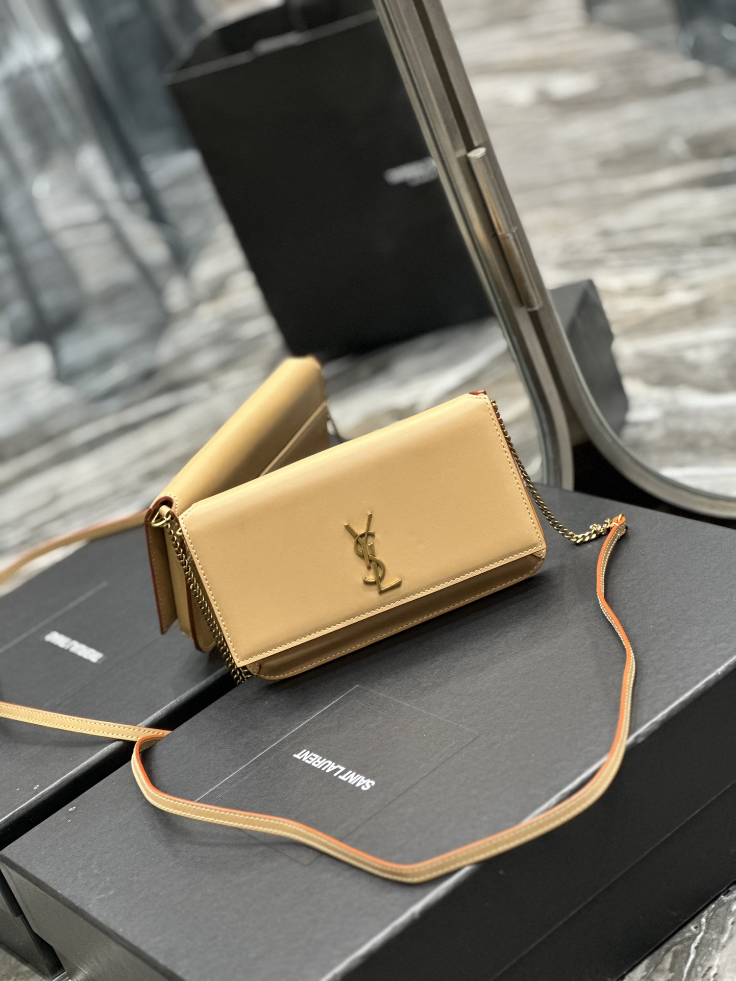 TOP Yves Saint Laurent YSL Monogram Phone Holder MINI Bag - Apricot & GHW - Plain Weave