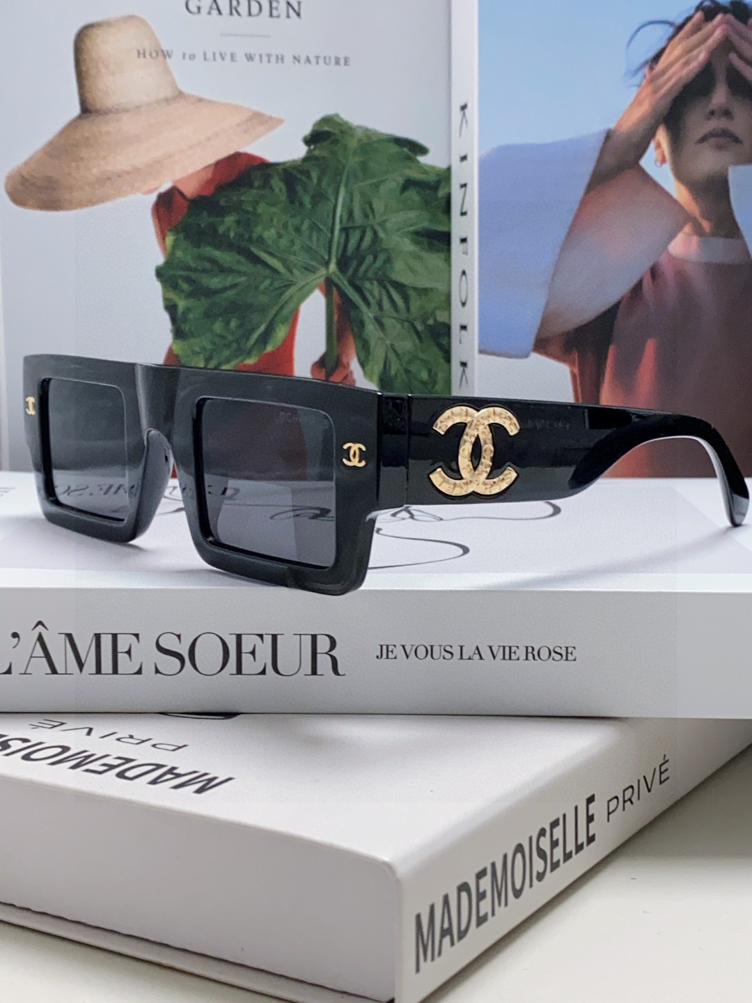 Chanel Square Frame Sunglasses, Gold Double C Logo UV Protection Flat Top Shades for Women