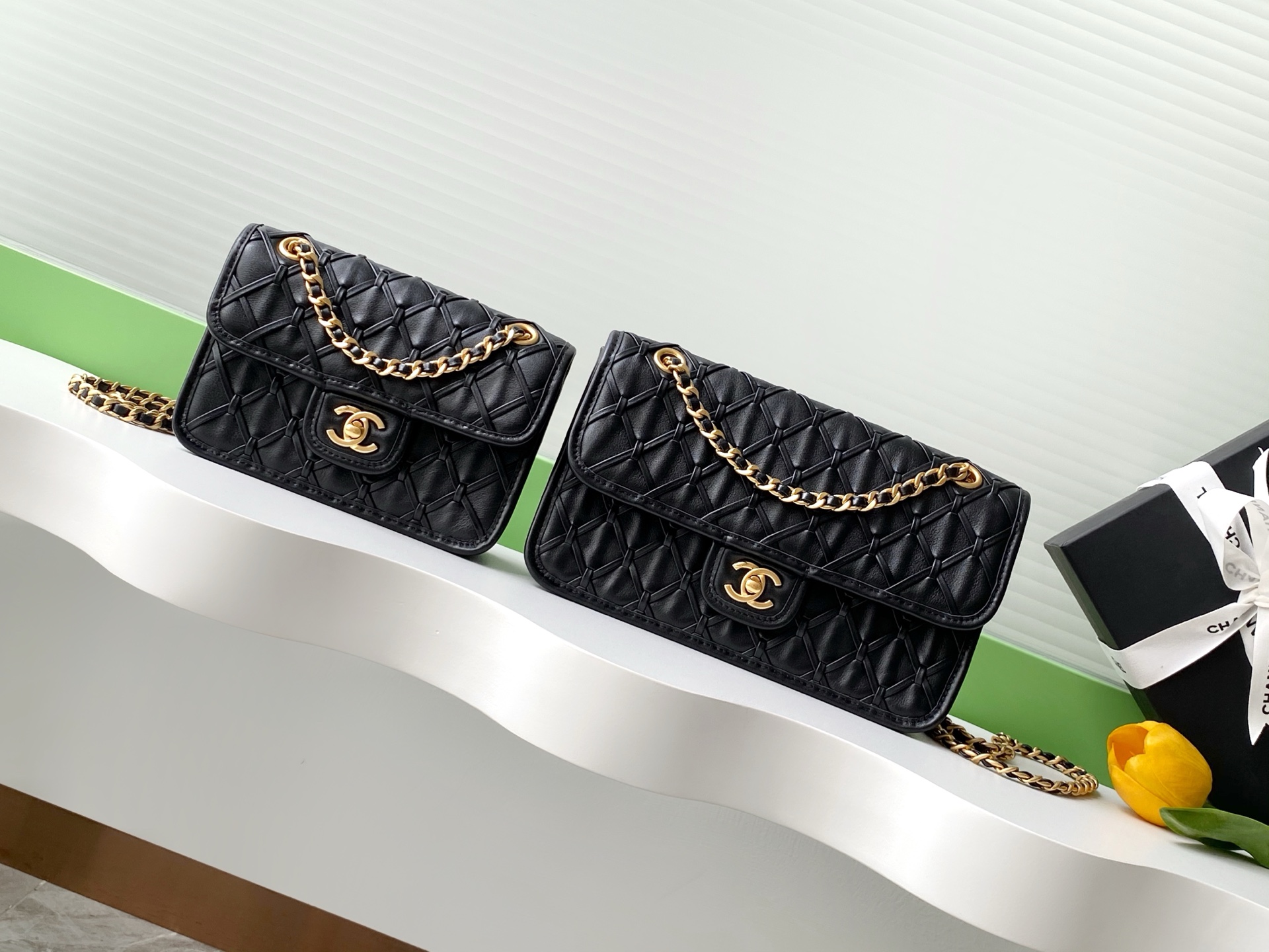 TOP CHANEL Flap Bag Leather Bag 13-19-5.5cm /15-25-8cm- Black