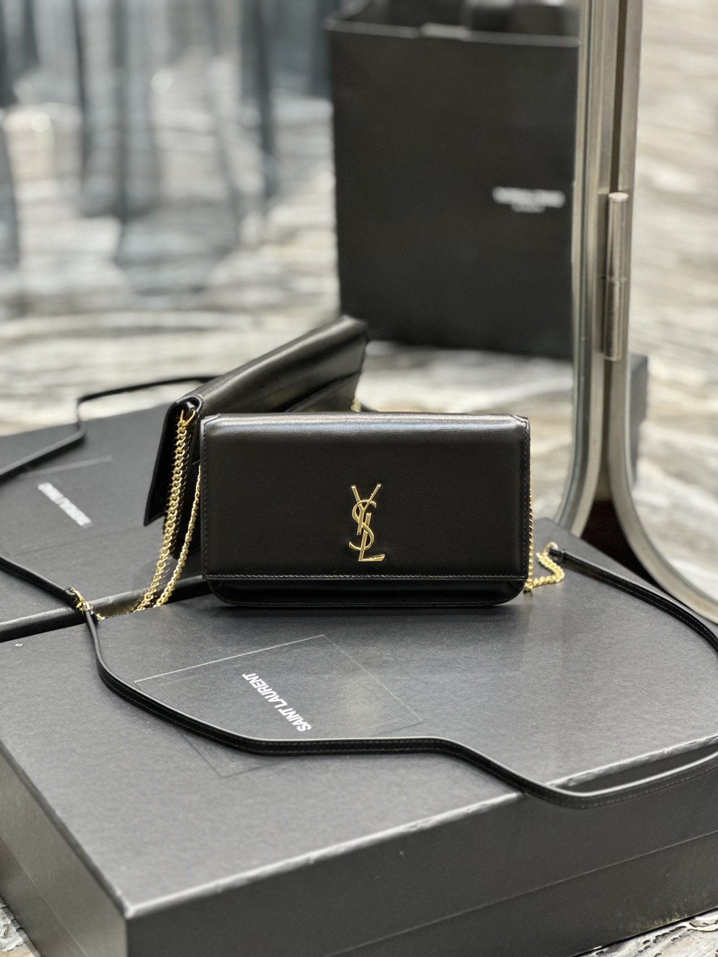 TOP Yves Saint Laurent YSL Monogram Phone Holder MINI Bag - Black & GHW - Hand Rubbing