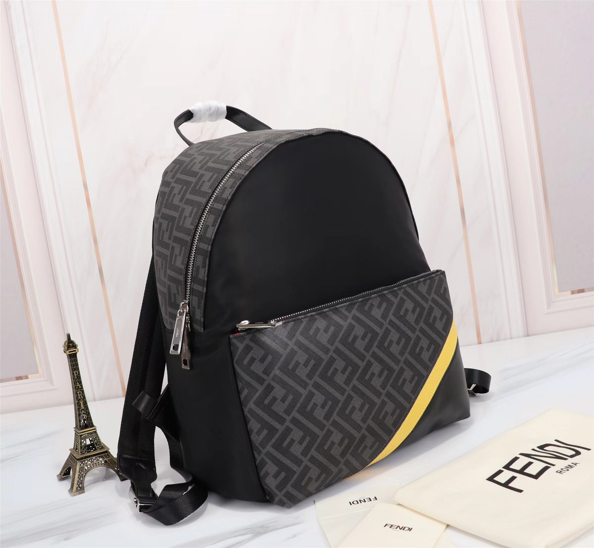 TOP FENDI Nylon stitching black leather backpack - 34×38×14cm - Black