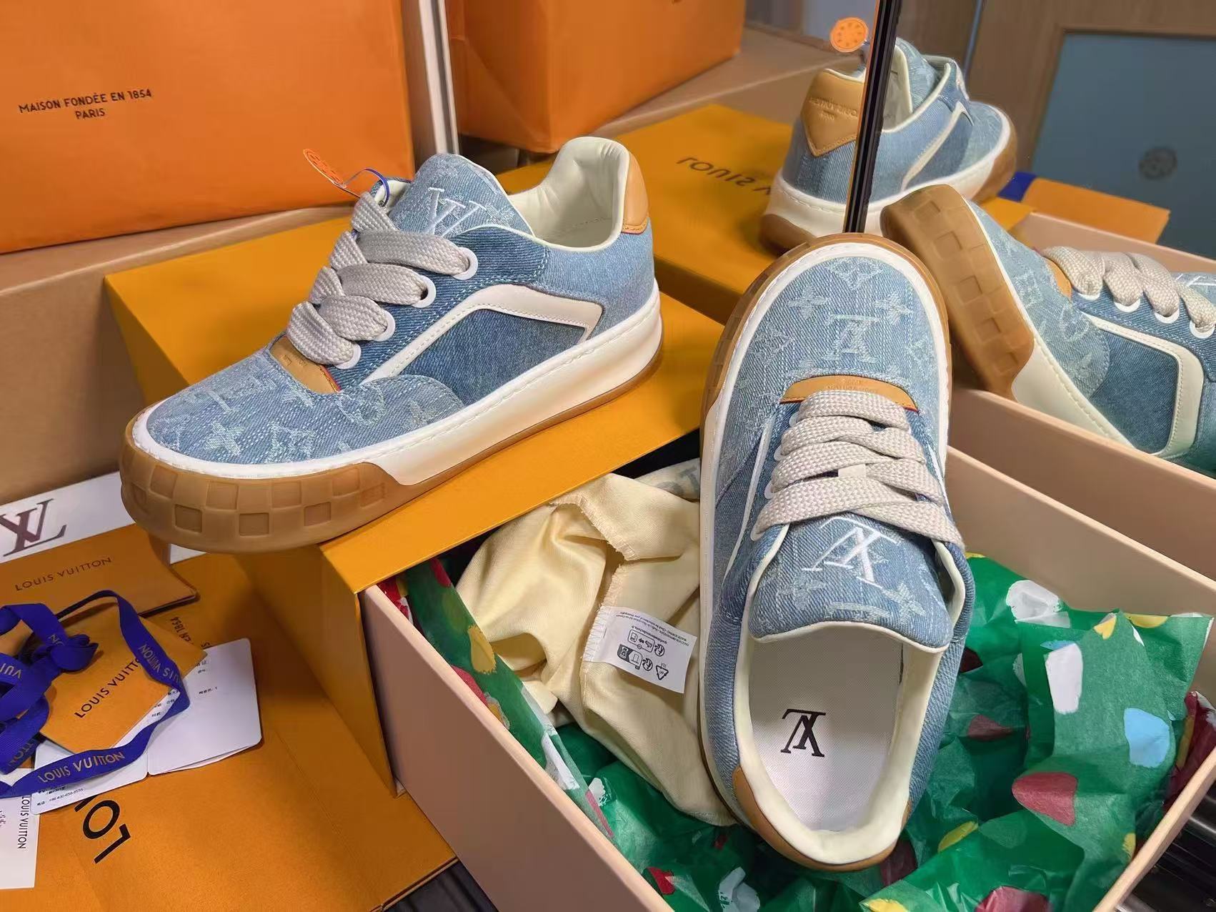 AAAShoes Louis Vuitton Men Women Skate Sneaker, Light Blue Washed Denim Monogram Low‑Top Casual Shoes, Gum Rubber Outsole