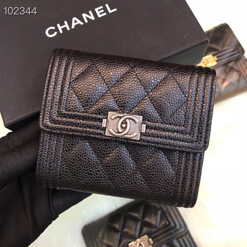 TOP CHANEL Boy Trifold Wallet Caviar Skin - Black & SHW