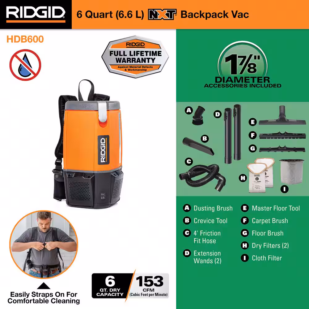 6 Qt. (1.5 Gal.) NXT Backpack Vacuum Cleaner with Filters, Locking Accessories Shop Vac Attachments for Dry Applications