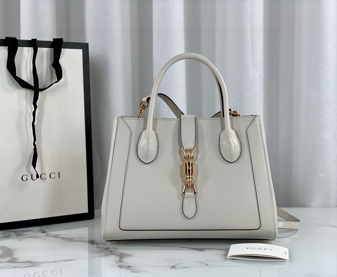 TOP GUCCI Jackie 1961 Series Tote Bag 30x24x12cm - White&GHW