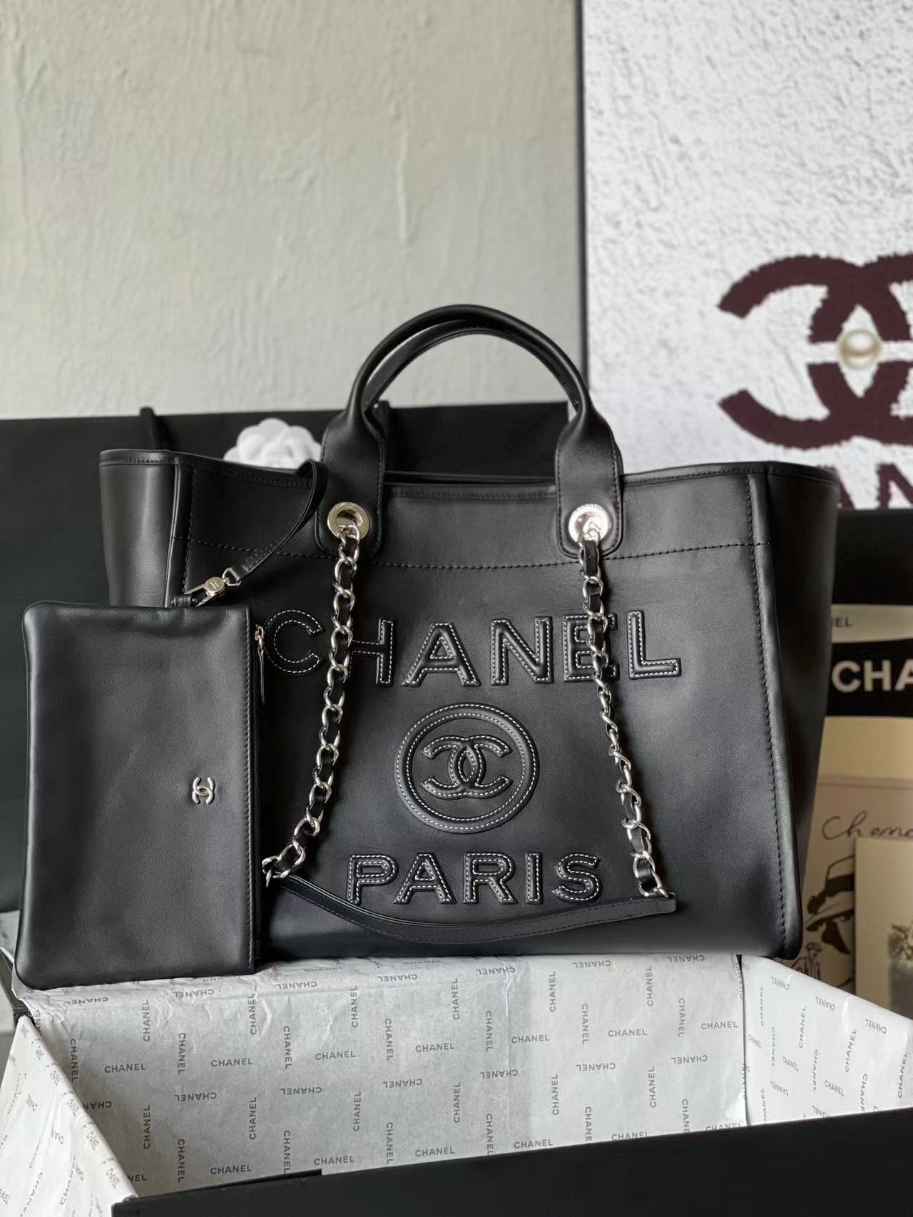 TOP CHANEL Cowhide Deauville Tote Shopping Bag 34 cm  - Black