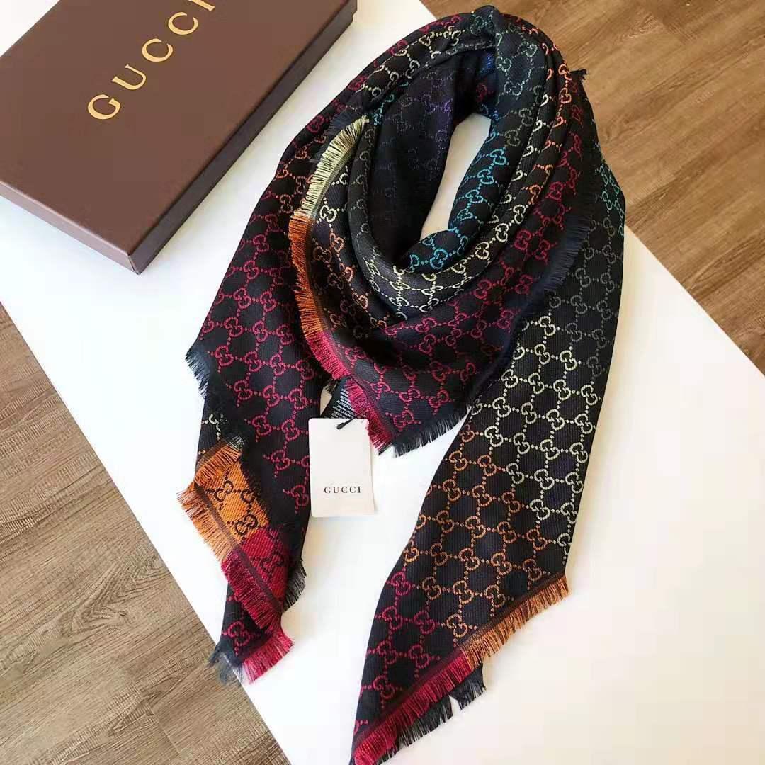 TOP GUCCI Jacquard Scarf Wool Shawl - Black Rainbow